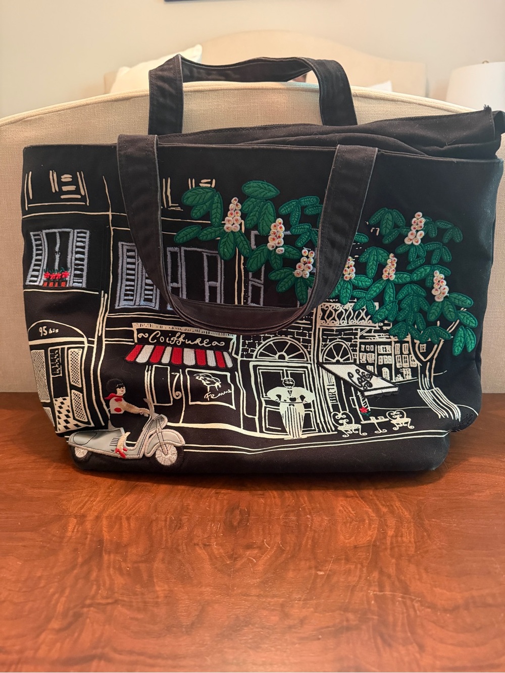 Vintage Y2K Lulu Guinness Black Paris Scene Embroidered Tote Bag